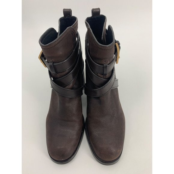 Tory Burch Brown Leather Ankle Boots with Wrap Around Strap and Buckle Size 9M - Picture 3 of 7